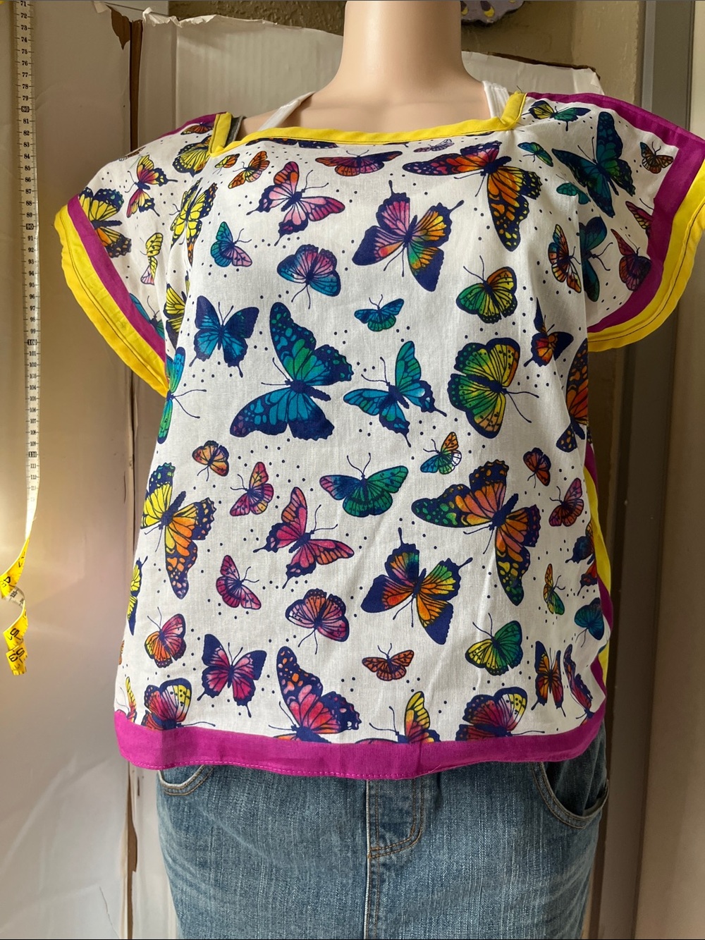 Butterfly Print Short Sleeve Women's Top - White with Multicolor Accents